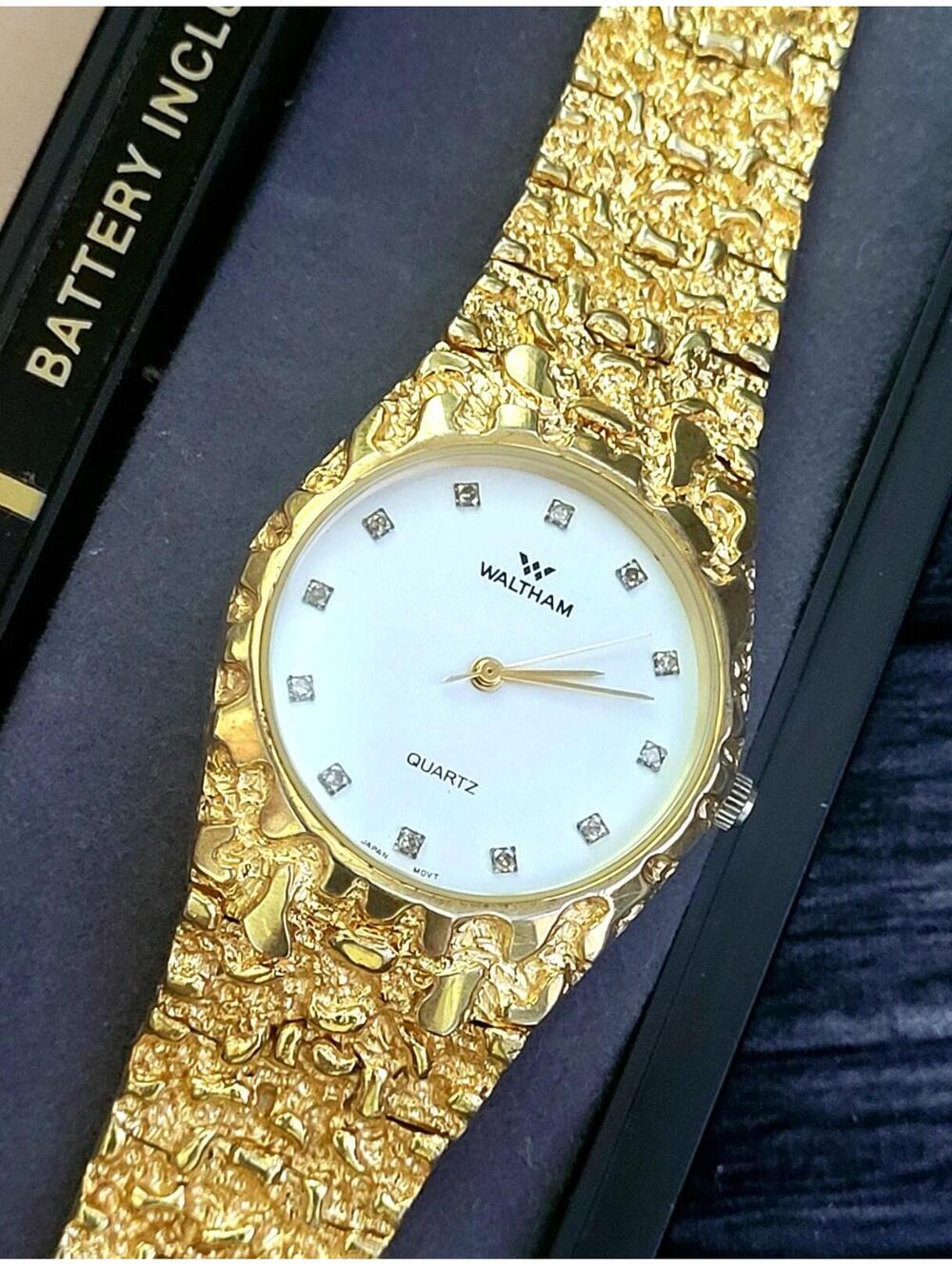 Vintage Waltham Diamond Dial Gold Nugget Watch Box & Papers